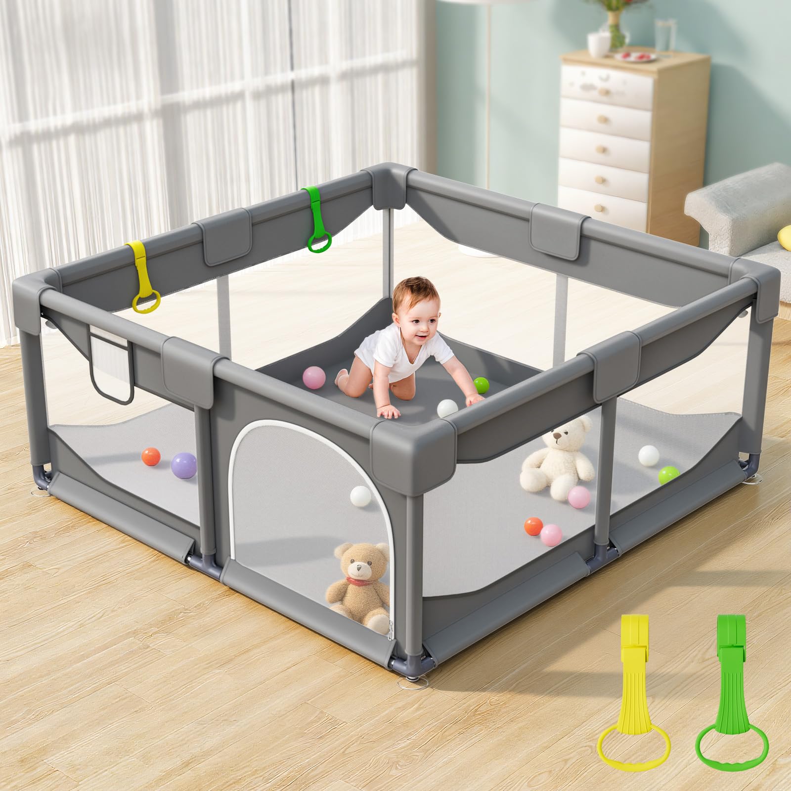 Sarr Klith Baby Playpen, Play Pen for Babies Toddlers Infants with Padded Corner Protection, Anti-Slip Stable Structure, Breathable Mesh, Tool-Free Assembly, 120x120cm Grey