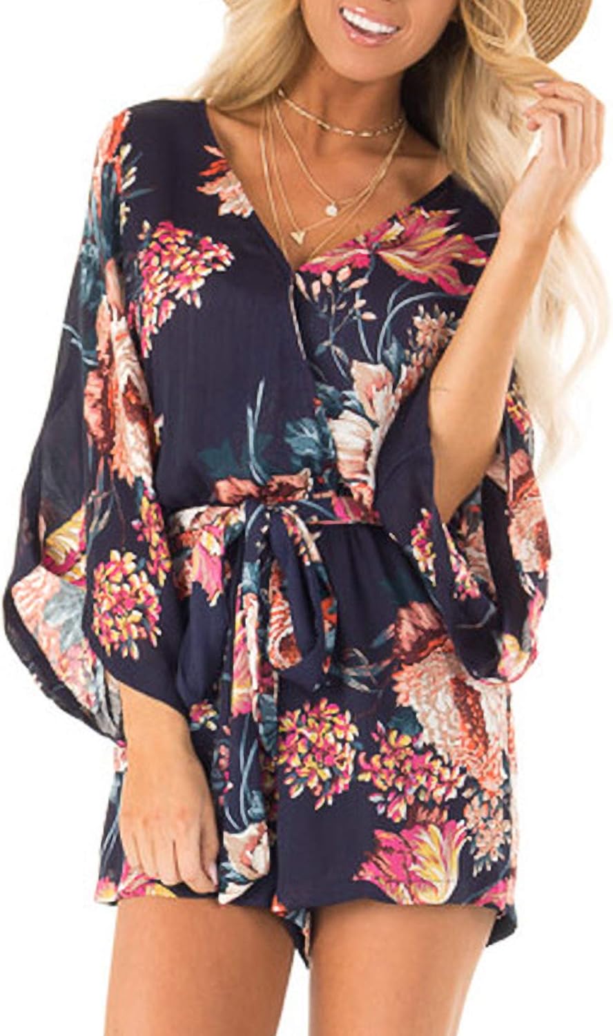 Bonkwa Women's Summer Rompers V Neck Floral Print Casual Romper High Waist Belt Long Baggy Sleeves Loose Short Jumpsuits - Image 2