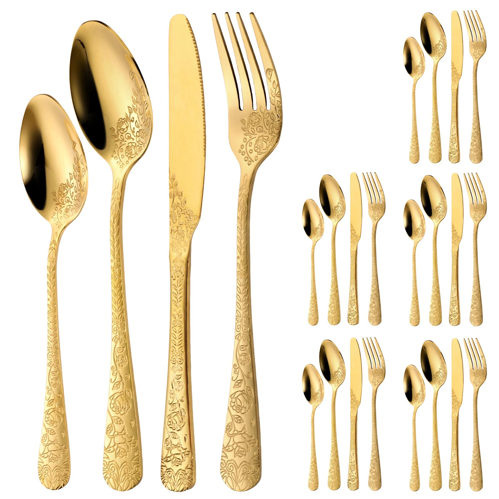 24 Pieces Retro Rose Carved Silverware Set for 6 People, Stainless Steel Cutlery Set, Mirror Polished Fork Spoon Knife Kit with Delicate Floral Design for Restaurant Home Kitchen Use(Gold)