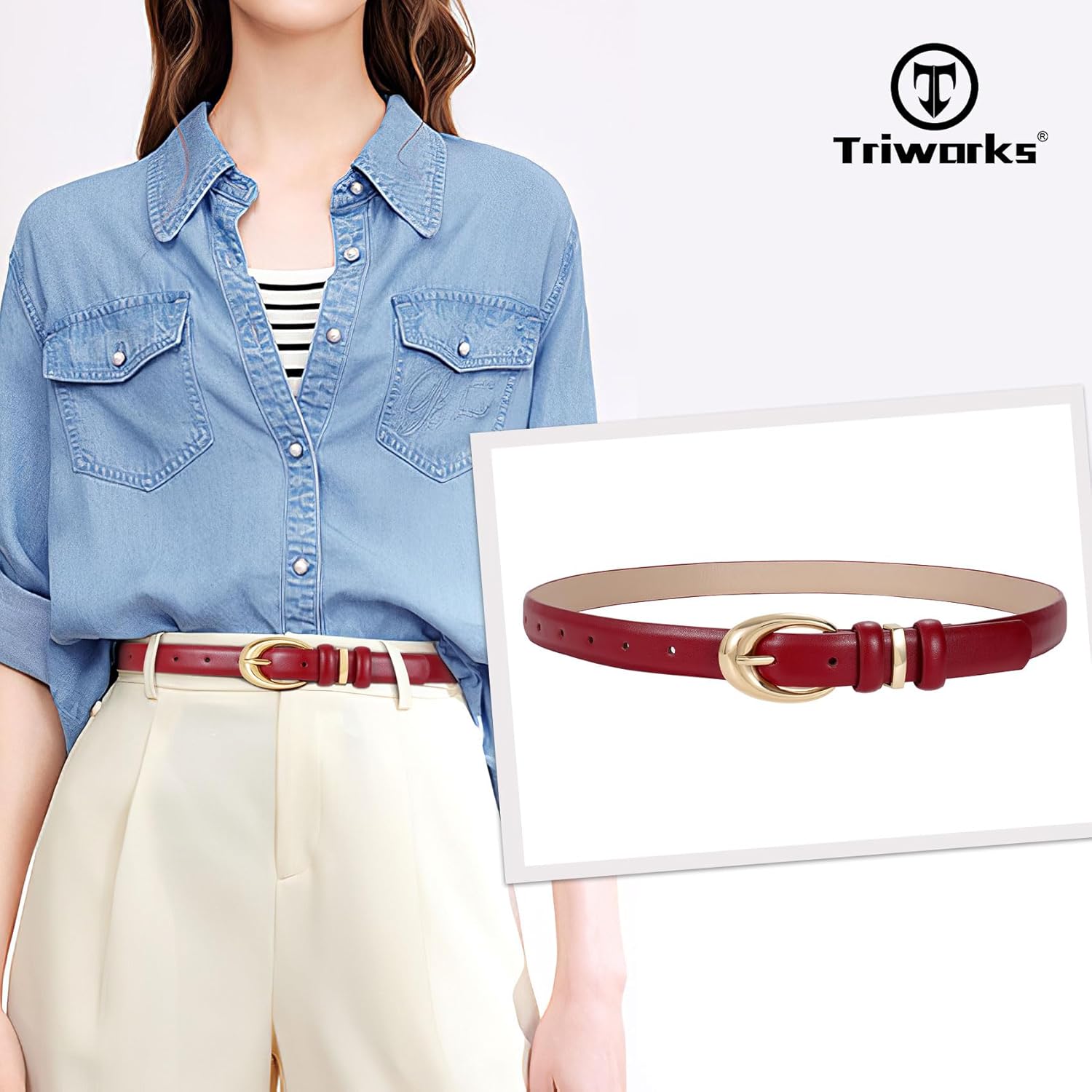 TRIWORKS Women Leather Belt for Jeans Pants Fashion Ladies Skinny Faux Leather Dress belt with Gold Buckle - Image 3