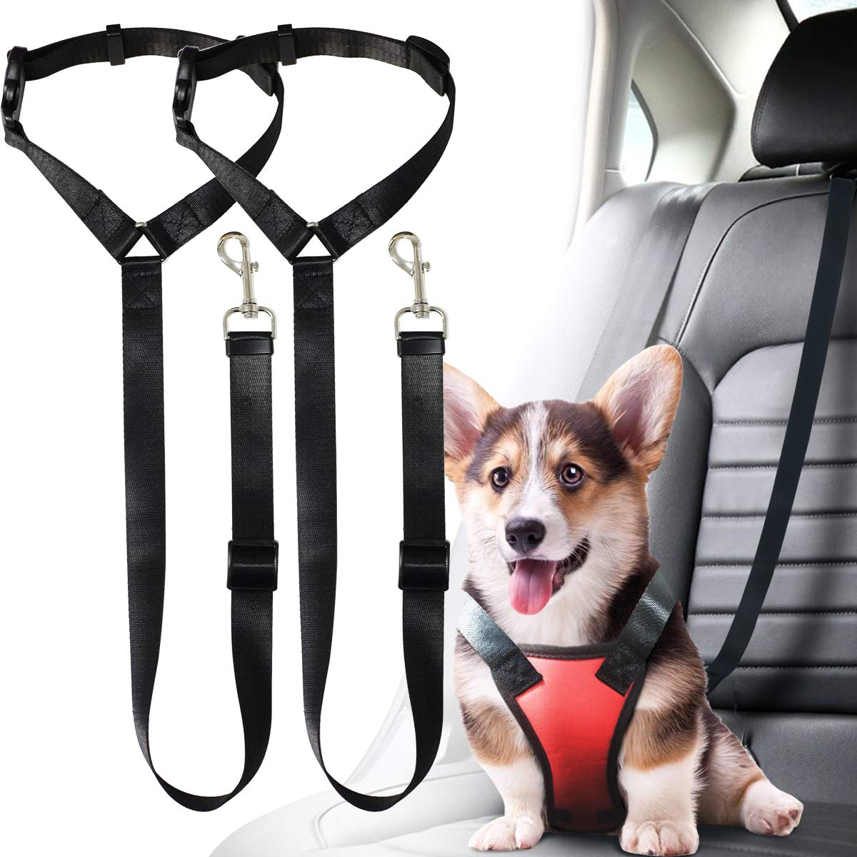 Musonic 2 Pack Adjustable Headrest Dog Cat Car Safety Seat Belt Strap Lead Restraint Vehicle Nylon Fabric Seatbelts Black