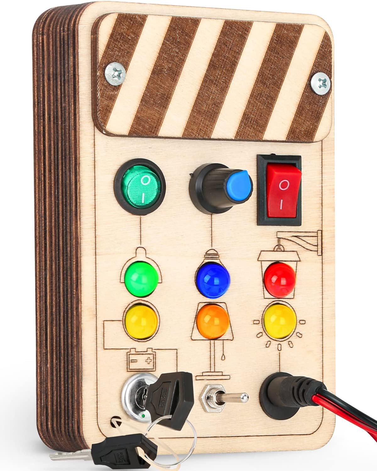 DINORUN Busy Board Montessori Toys for 1 2 3 Year Old Toddler Toys, Wooden Travel Toys with Light Up LED Buttons, Sound Sensory Toys for Toddlers 1-3, Educational Learning Fidget Toys Toddler Gifts