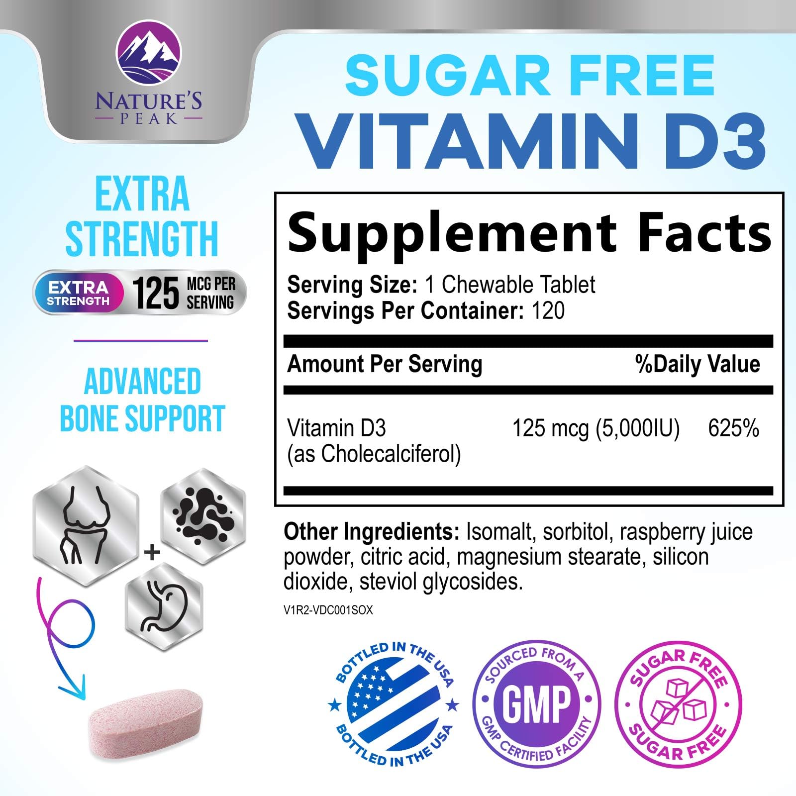 Vitamin D3 5000iu (125 mcg) - 3X Strength Immune Health Support Vitamin D Dietary Supplement for Bone, Teeth, Muscle - Vit D, Gluten Free, Raspberry Flavor, Bottled in USA - 120 Chewable Tablets — Amazon image 2