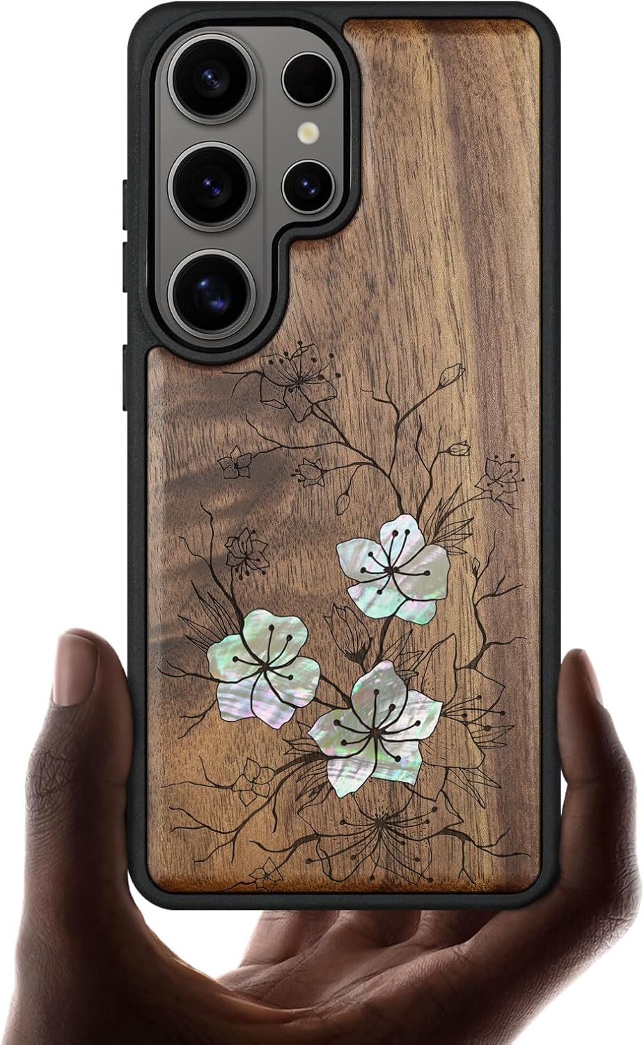 Carveit Magnetic Wooden Case for Samsung Galaxy S26 Ultra Case, Wood Artisan Engraved & Handmade Shell Inlaid, Compatible with MagSafe Wireless Chargers (Whispering Sakura Blooms) Walnut