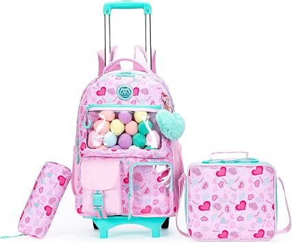 Backpack with Wheels Girls Backpack with Lunch Box Set Kids Suitcase for GirlsGirls Wheeled Backpack with Roller Cute Rolling Bookbag Backpack Pink Elementary School Bag with WheelsPink