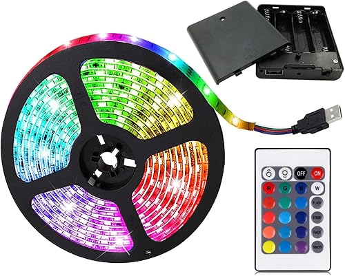 Dos juegos de tiras de luces LED alimentadas por pilas 5050 2M66 pies tira de luz LED RGB flexible que cambia de color 60 LED de 5 V alimentados por