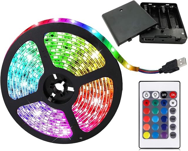 aijiaer Battery Powered Led Strip Lights, 5050 2M/6.6FT, Waterproof Flexible Color Changing RGB LED Light Strip, 60 LEDs 5V Battery-powered with RF Controller