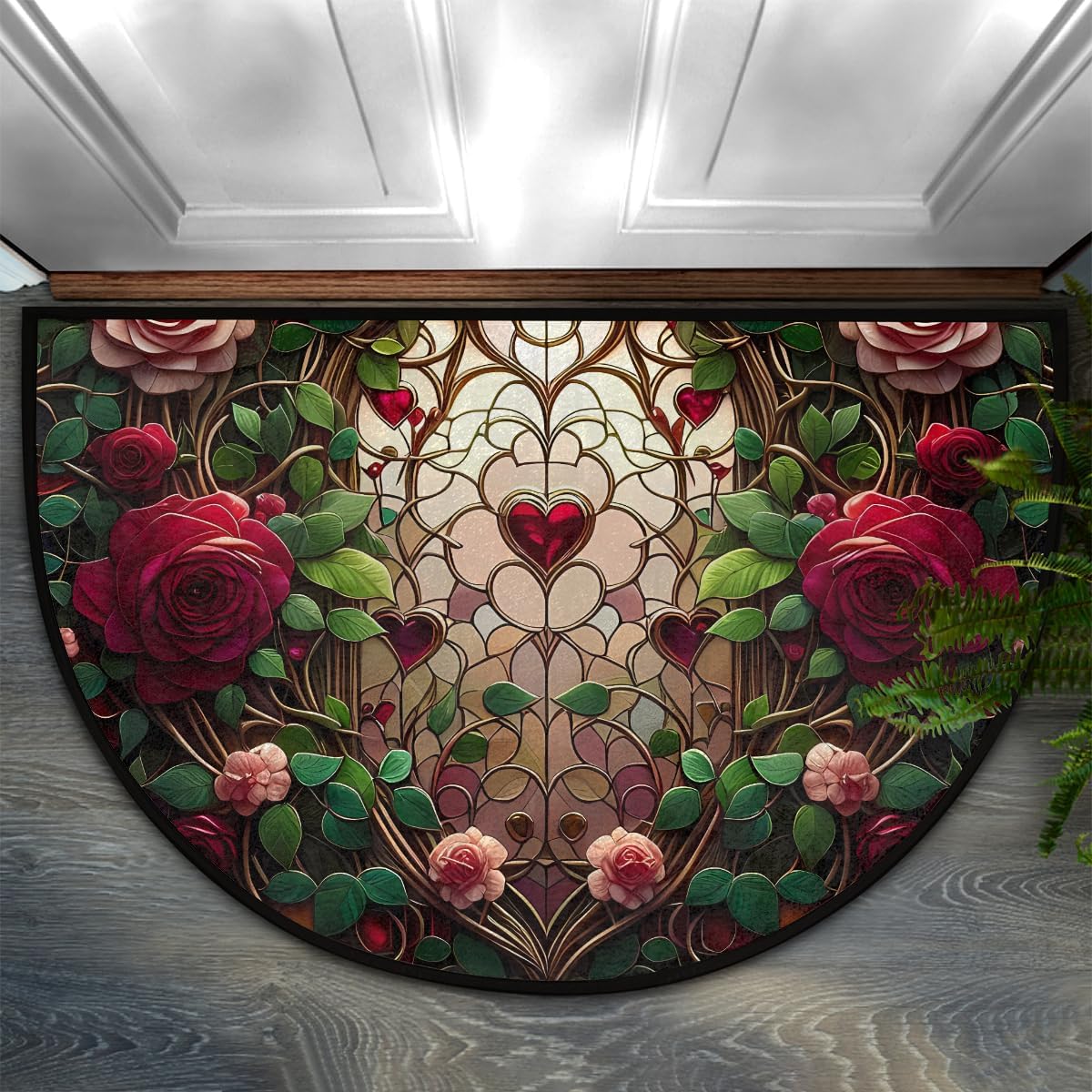 Half Round Door Mat Rose Valentine's Day Love Non Slip Washable Semi Circle Area Rug Absorbent Soft Half Moon Rug Floor Mat for Indoor Outdoor Kitchen Bathroom Patio Front Door Mat Decor