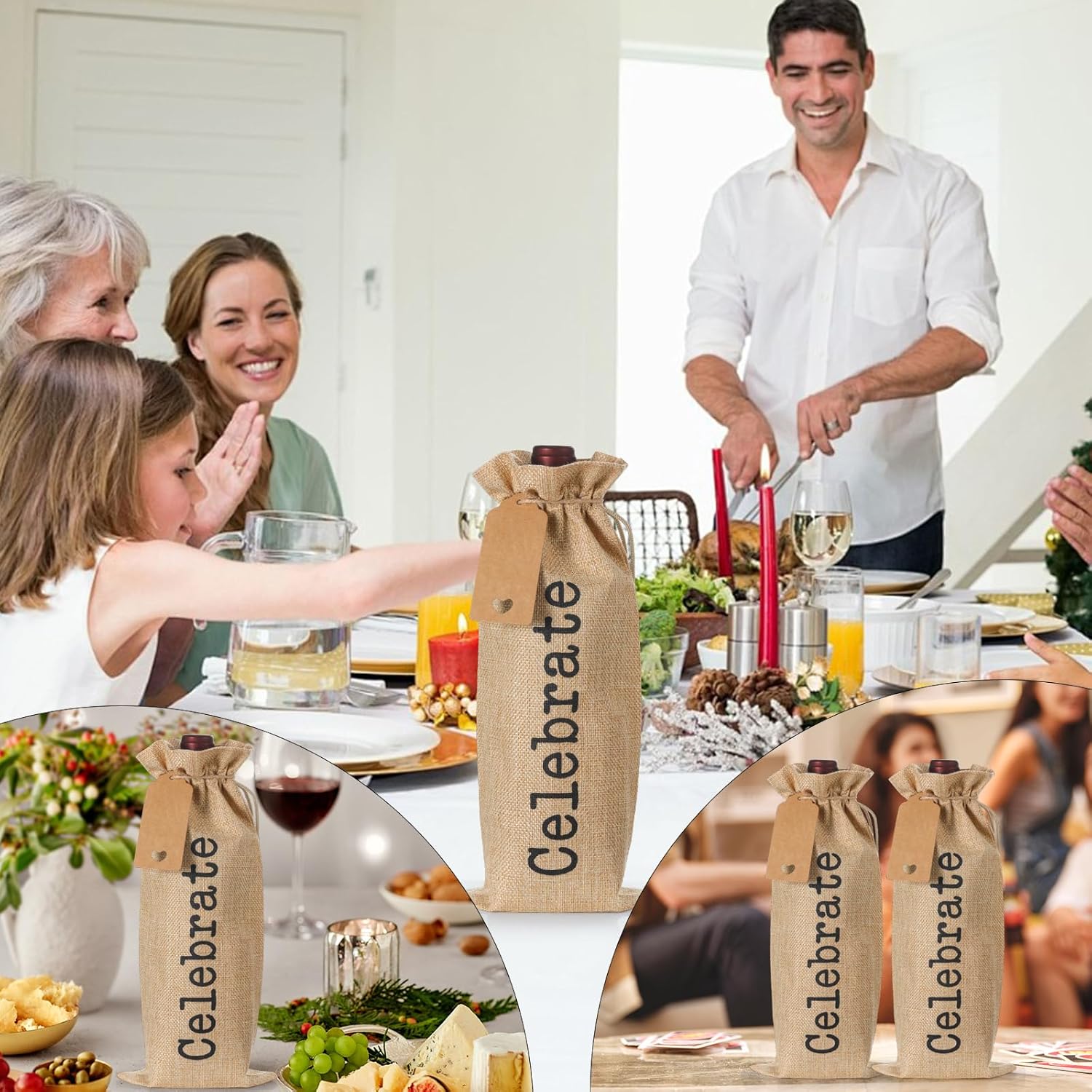 SIRIPHUM 12 Pieces Burlap Wine Bag, Celebrate Print Wine Bottle Gift Bags for Wedding Favors, Bottle Cover Holiday Party Decor - Image 4