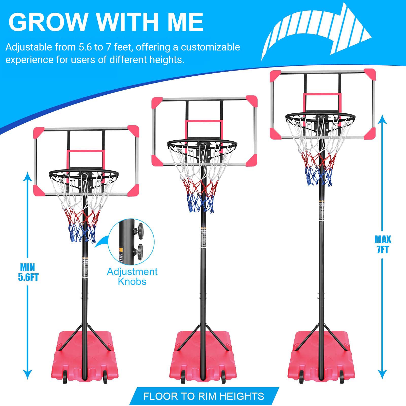 Portable Basketball Hoop Outdoor, Basketball Goal Indoor 5.6-7ft Adjustable Height, Basketball Goal Court System with Basketball Net,Basketball Hoop Indoor with Stable Base and Wheels (Pink)