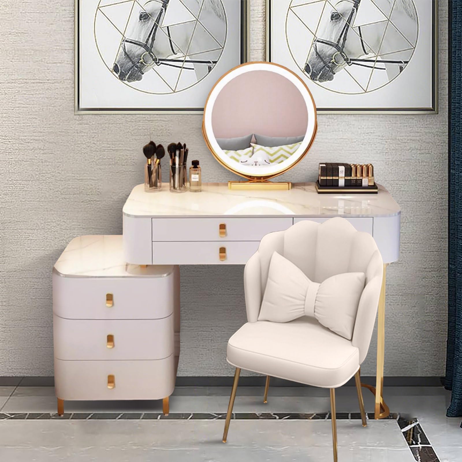 Tavolo da toeletta con specchio a LED nuvola e luci intelligenti in 3 colori, regolabile, sgabello incluso, scrivania per trucco ad angolo rotondo per camera da letto (beige 80 cm