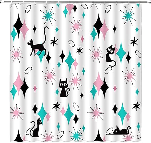 GCTNBJL Cortina de ducha con diseño de gato de mediados de siglo, diseño retro atómico, explosiones de estrellas, color verde azulado, rosa,
