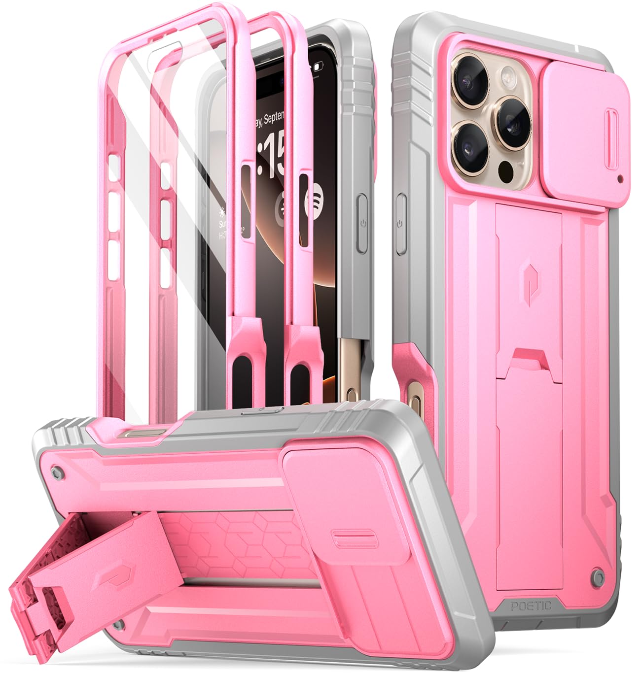 Poetic Revolution Case for iPhone 16 Pro Max 6.9 inch, [Slide Camera Cover], Full-Body Military Grade Rugged Shockproof Cover with Kickstand and Built-in-Screen Protector, Pink
