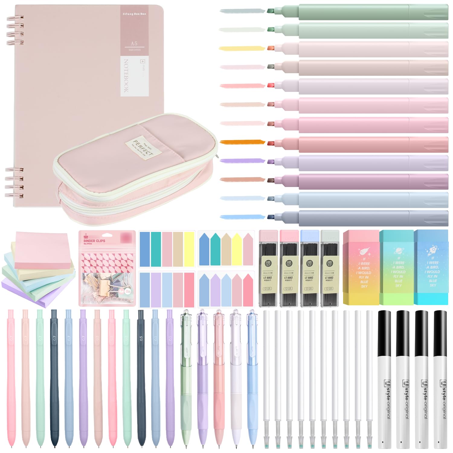 YIBONIKA 69 PCS Aesthetic School Supplies with Pink Pencil Case, 12 Pastel Highlighters, 5 Gel Pens