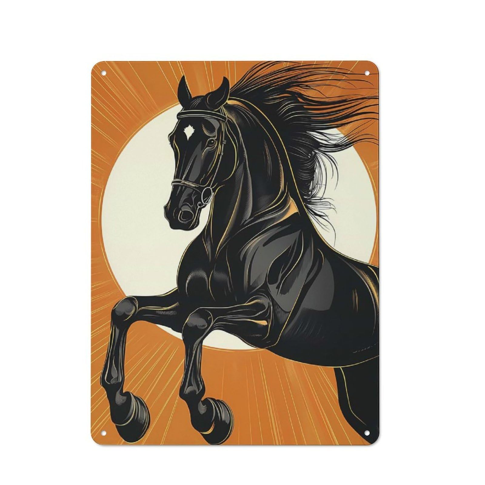 Junmoney Black Horse Illustration With Orange Backgrou Tin Wall Plaque 40X30cm With Nd For Garage Wall, For Collectors Of Retro Metal Wall Decor