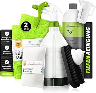 Pol Star Set: Koch Chemie Pol Star Textil Leder Alcantara Reiniger 1L + 360° Sprühflasche 500ml + Messbecher 100ml + 2 Mikrofasertücher + Scrub Pad + Bürste | sauber mischen & sofort loslegen | 7-tlg.