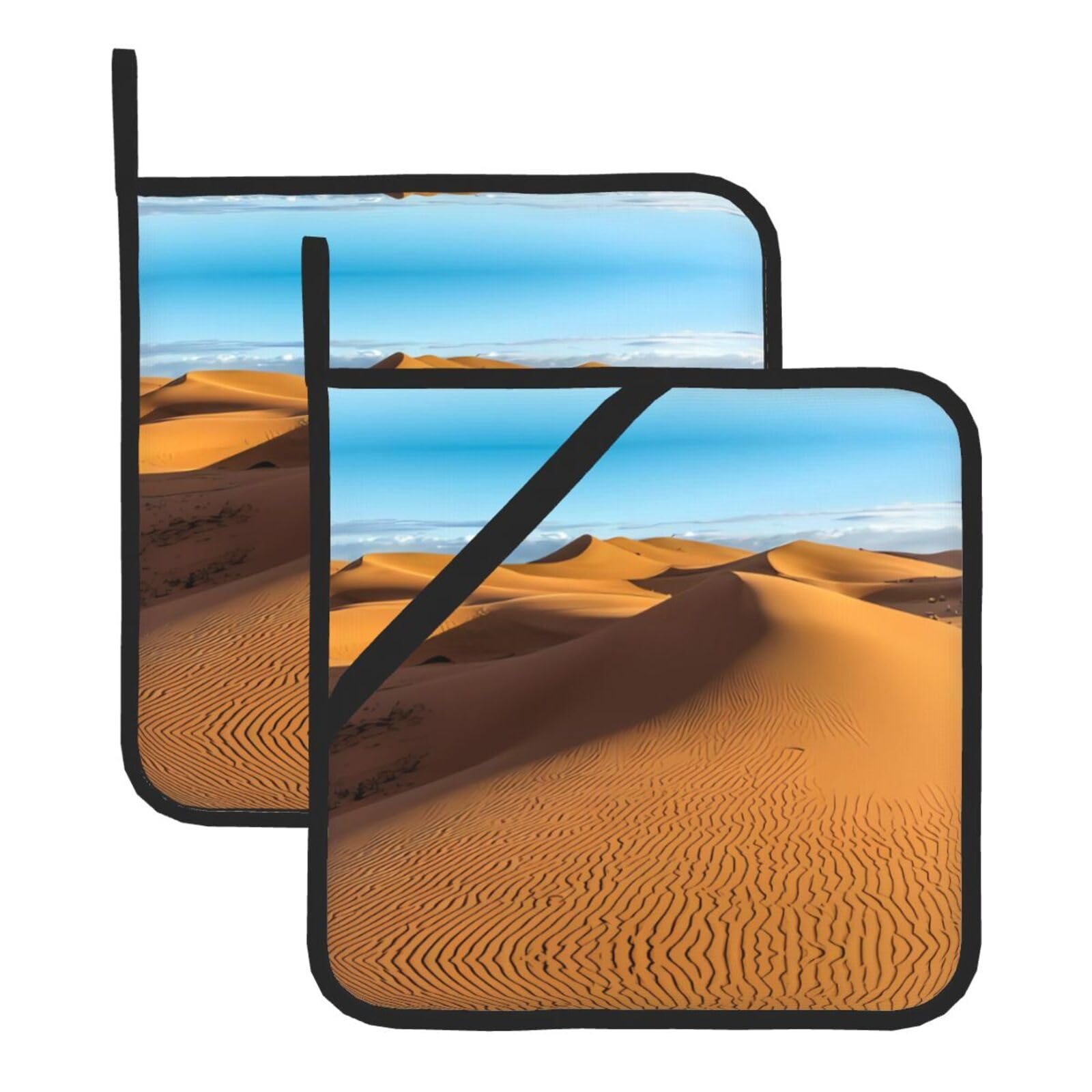 YYHWHJDE Sand Dunes in The Sahara Desert Prints Square Hot Pads for Kitchen Counter - Waterproof Pot Holders with Hanging Loop, Durable Trivets for Microwave Oven - 2 Pack