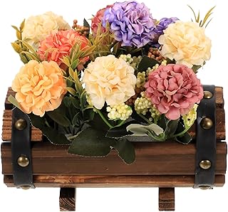 EXAOMBLE Artificial Hydrangea Flowers with Wood Pot, Faux Potted Wedding Flower Decor, Outdoor Carbonized Wood Planter for Balcony and Event Decoration