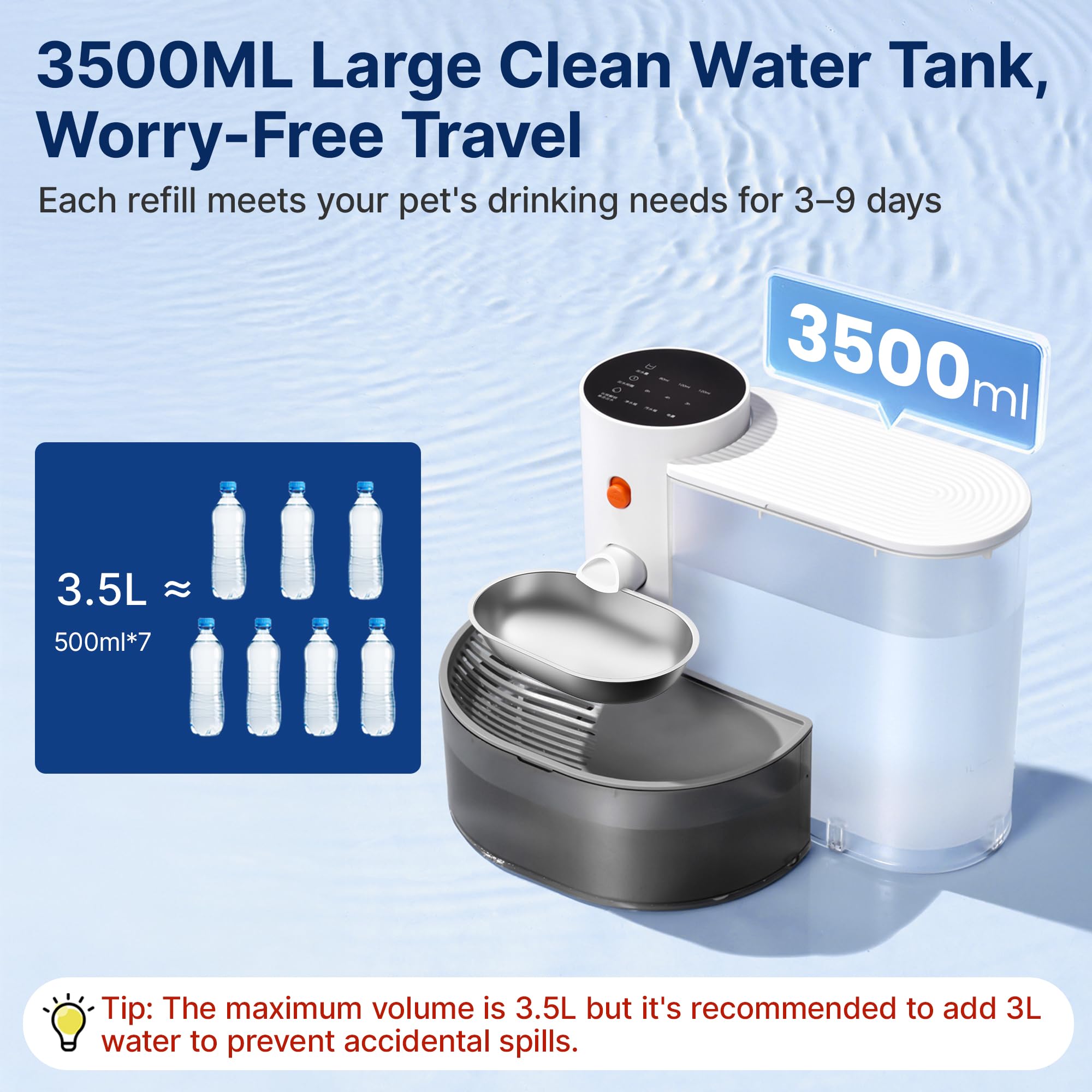Potaroma - Fuente de agua inalámbrica inteligente para mascotas, cuenco de acero inoxidable, sin filtro, gran capacidad de 3.5 L, dispensador de agua automático recargable para gatos y perros pequeños