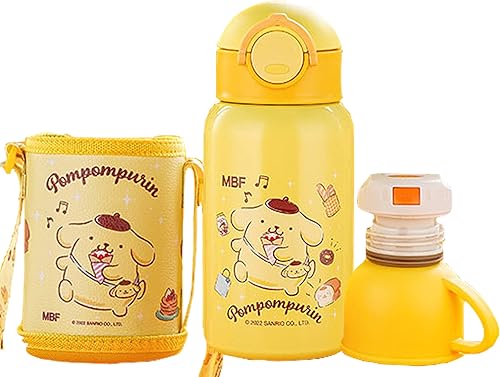 Everyday Delights Sanrio Pom Pom Purin - Botella de agua aislada de acero inoxidable con taza, popote y bolsa, 16.9 fl oz, color amarillo (PN2140)