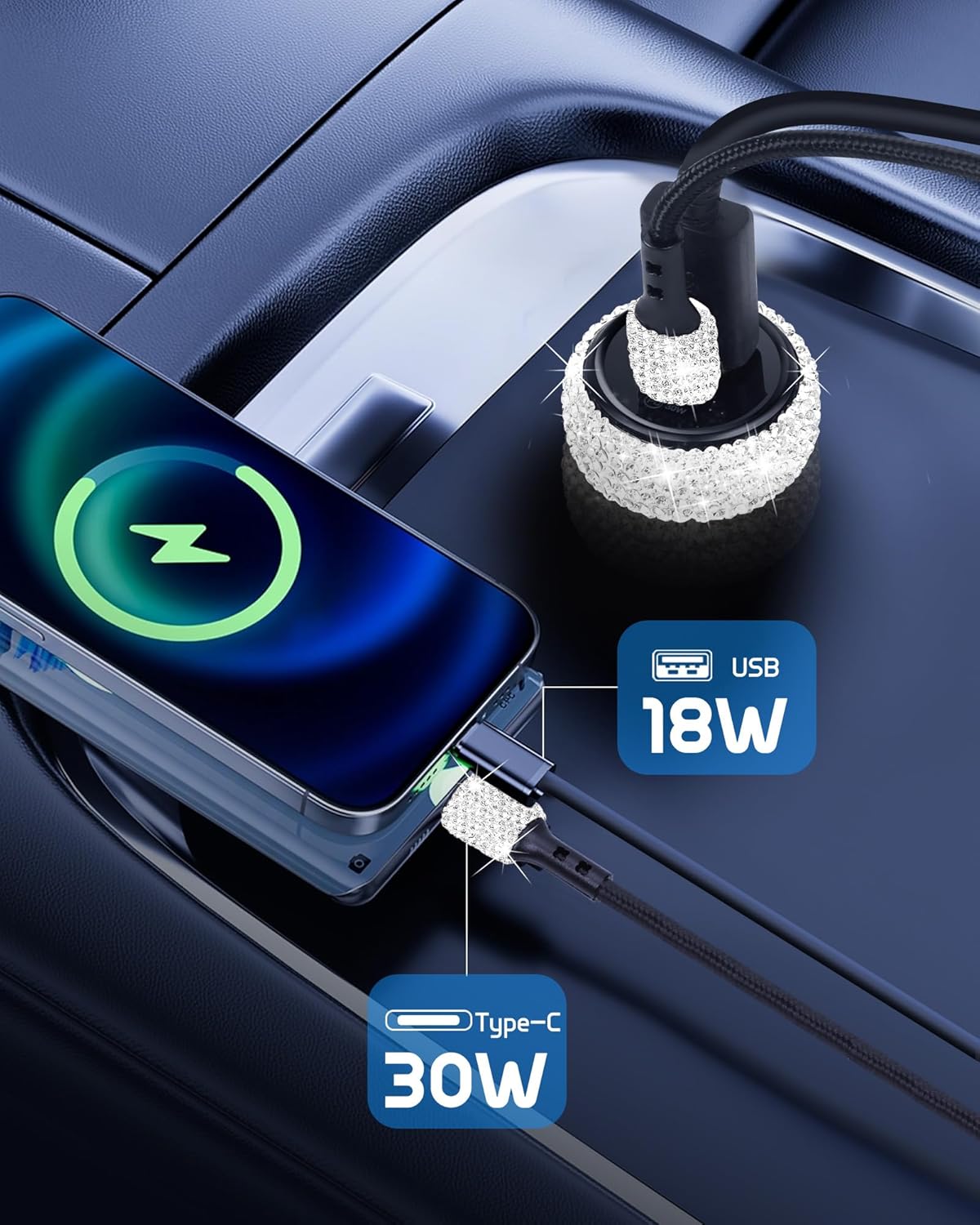 Bling USB C Car Charger, 48W USB Cigarette Lighter Dual Port Fast Charging Adapter with 3.9FT Type C Cable Compatible for iPhone 17 16 15 Pro Max iPad Android(White) - Image 3