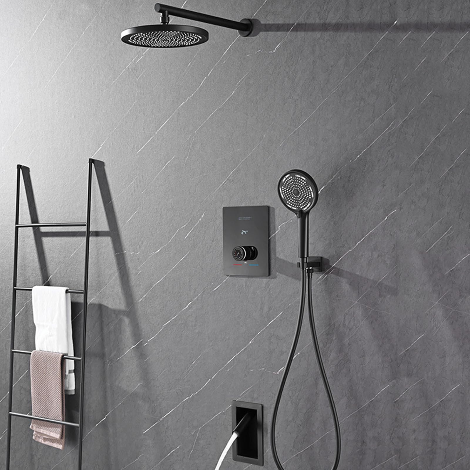 ZQFHSX 3 Way Concealed Thermostatic Shower Mixer Black Set with Screen Display Modes Handheld Head Bathtub Faucet LWX