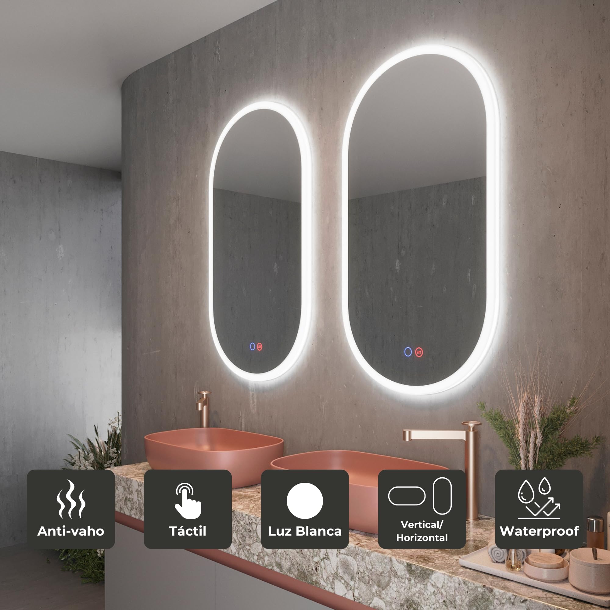 NOLUXA LEDIMEX - Espejo 50x90cm Baño con Luz LED y Antivaho | Espejo Inteligente con Luz Fría 6500k | Ovalado con Marco Acrílico Iluminado y Sensores ON/Off | Serie Canada