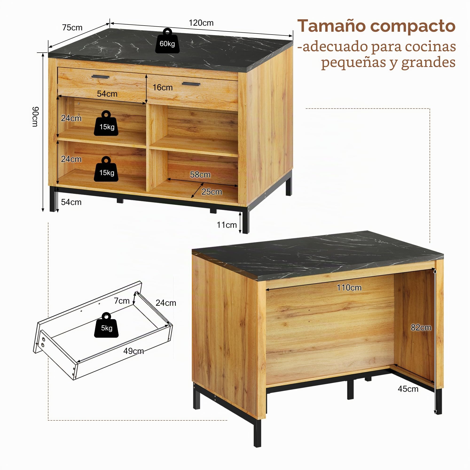 Isla de cocina de estilo rústico – Isla de cocina con 2 cajones y 4 estantes abiertos, grano de roble, encimera de mármol negro, estructura de metal, (120 × 75 × 90 cm)