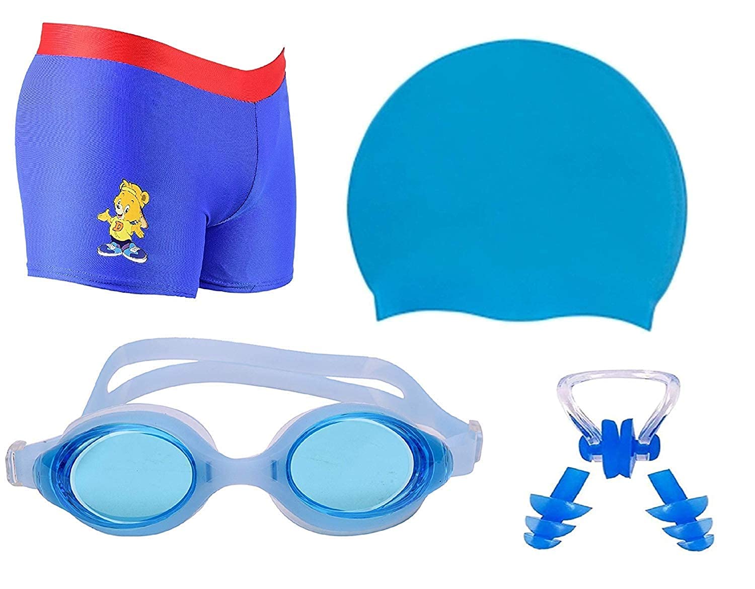 Swimming Costume for Kids Boys 1 Swimming Shorts Swimming Trunk 1 Anti Fog Swimming Goggles 1 Silicone Swimming Cap 1 Nose Clip 2 Ear Plugs (3-5Years, Multicolor)
