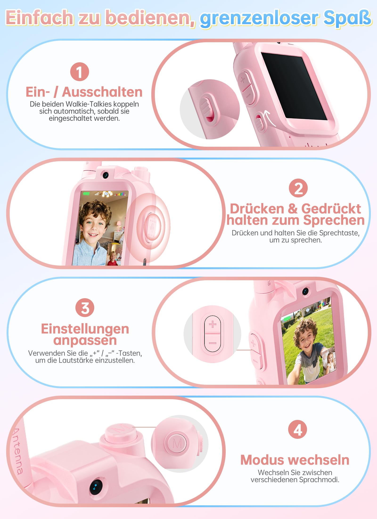 Walkie Talkie Kinder mit HD Video, Geschenk Mädchen Junge 4 5 6 7 8 Jahre, 2er-Set mit Kamera & Bildschirm, Automatische Kopplung, USB-C Wiederaufladbar, Spielzeug für Zuhause & Outdoor (Blau & Pink)