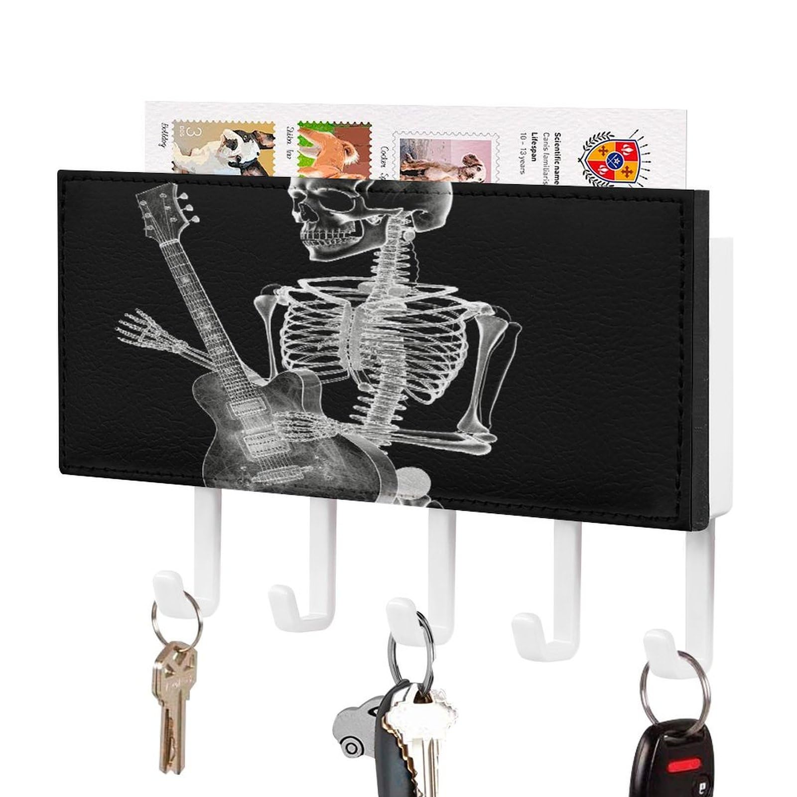 Fekiloot White-Style Abstract X-Ray Skull Skeleton Playing Guitar Key Holder Wall Mount Key And Mail Holder Key Hanger With 5 Hooks Decorative Pu Key Rack Hanging Key Hooks For Wall Living Room Kitchen Bathroom Hallway Wh