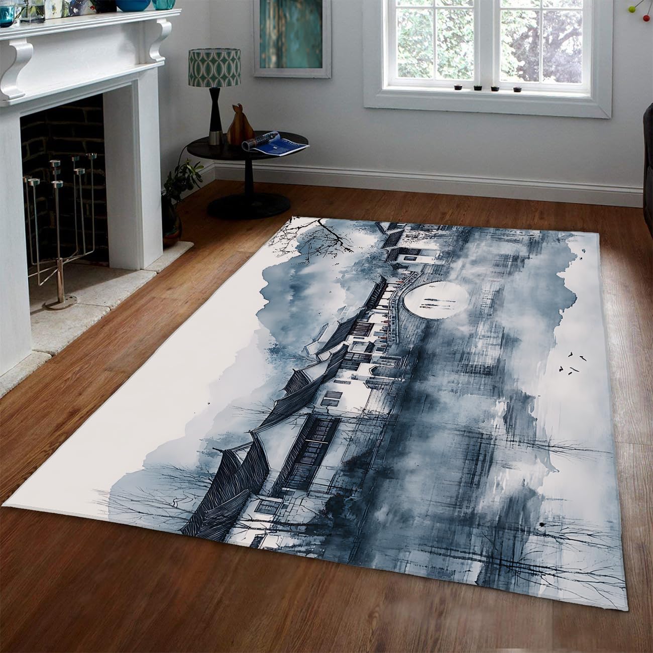 Tapis lavable 150x240cm de style chinois avec motif moderne d'oiseaux et poil bas