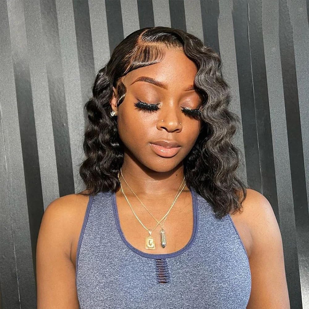 Loose Deep Wave Bob Human Hair Wigs for Women 180% Density 13x4 HD Transparent Lace Front Wigs Curly Glueless Ocean Wave Side Part Lace Wig Brazilian Virgin Hair Pre Plucked With Baby Hair 8Inch