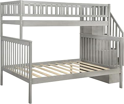 Amazon Com Twin Over Full Stairway Bunk Bed For Kids With Trundle 4 Storage Drawers In Staircase Finish Grey Kitchen Dining