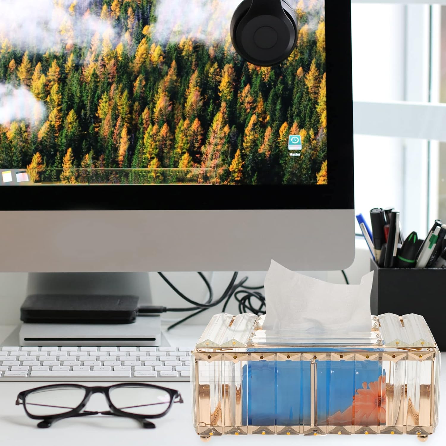 Golden Alloy Crystal Tissue Box Cover for Office Desk Vanity image 5