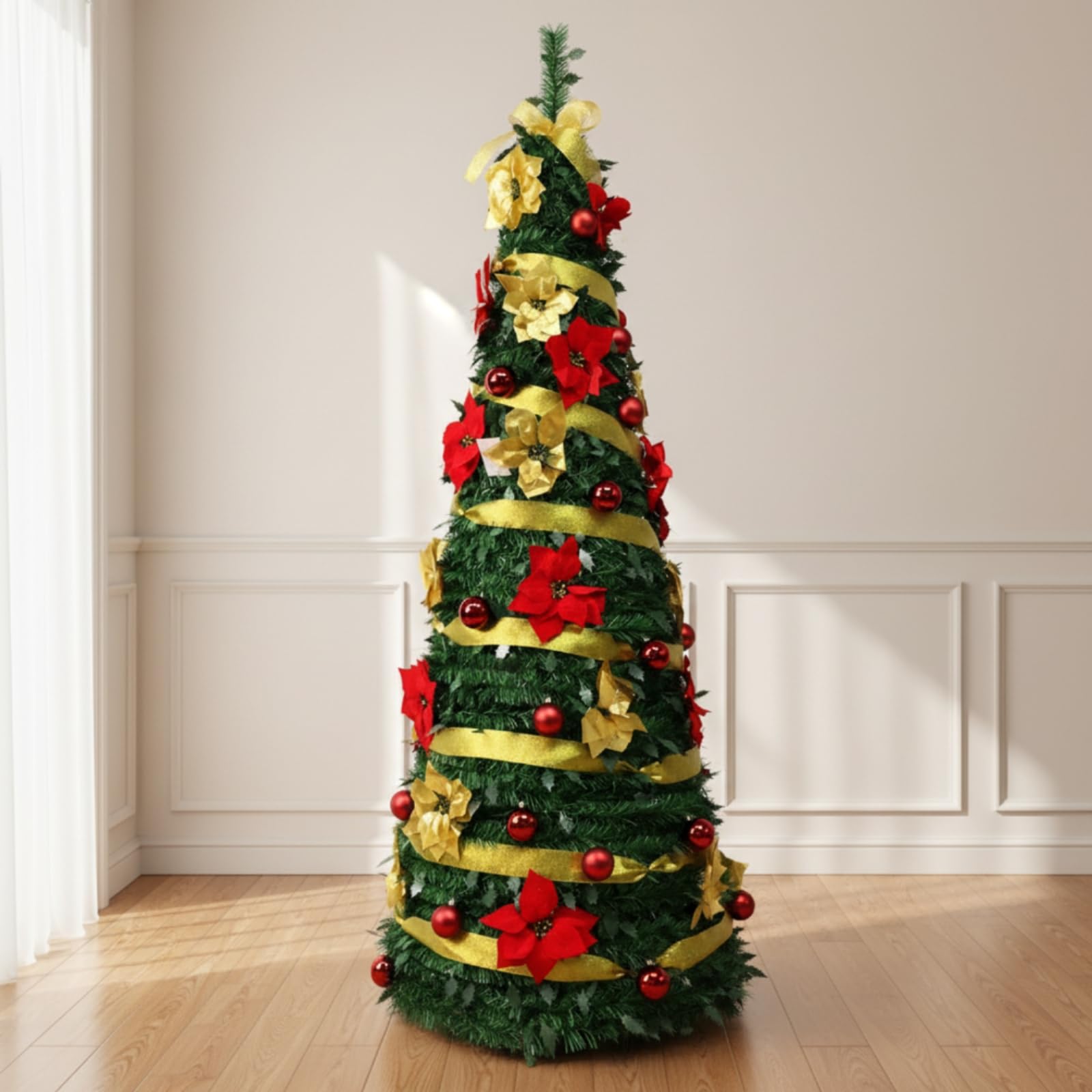 Buschig Künstlicher Weihtsbaum, 120cm Höhe 40cm Baumbreite | Geschmückt, Weihtsbaum mit Christbaumschmuck, Christbaum, für Schaufenster