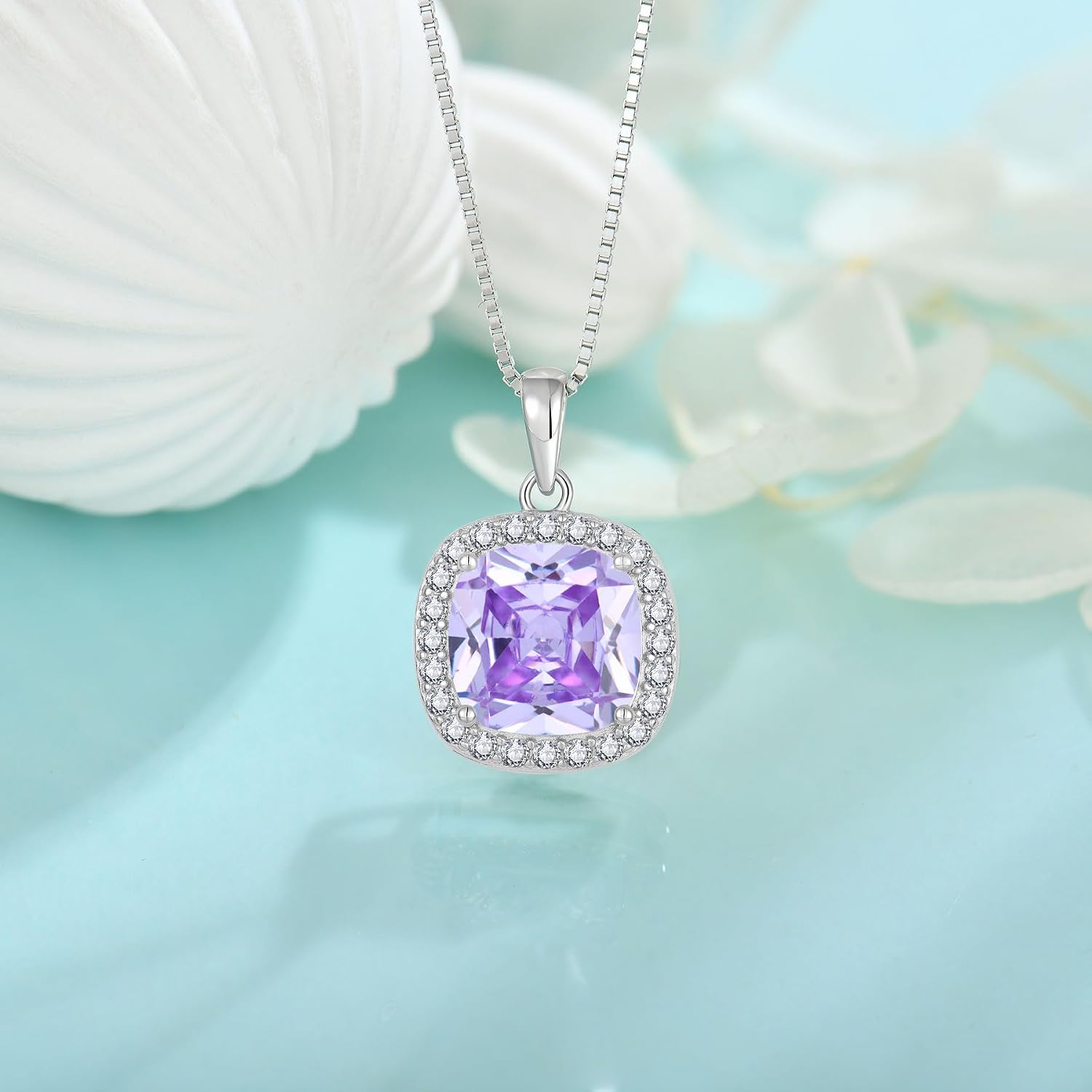 Birthstone Necklace for Women 925 Sterling Silver Princess Cut Halo Necklace Pendant Jewelry Gifts for Her