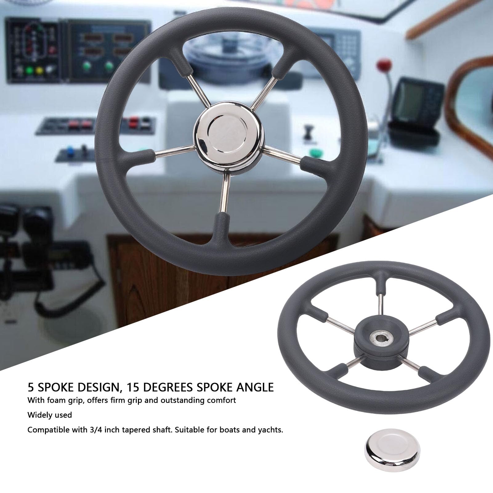 Naroote Volante para Barco de Acero Inoxidable de 13 Pulgadas, Rueda Marina de Acero Inoxidable 304, Rueda de 5 Radios de 15 ángulos con Agarre de Espuma, Ideal para Barcos con Eje Cónico Estándar