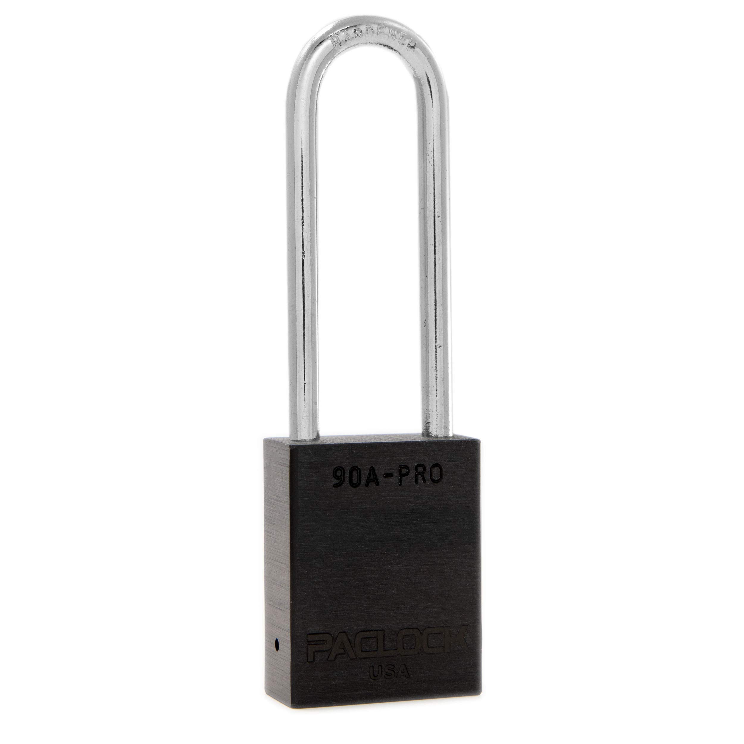 PACLOCK's 90A-PRO Padlock, 1/4" Diameter Hard. Steel Shackle, 3" Tall, High Performance 7-Pin Cylinder w/ 1 Key, Keyed Differently, Black
