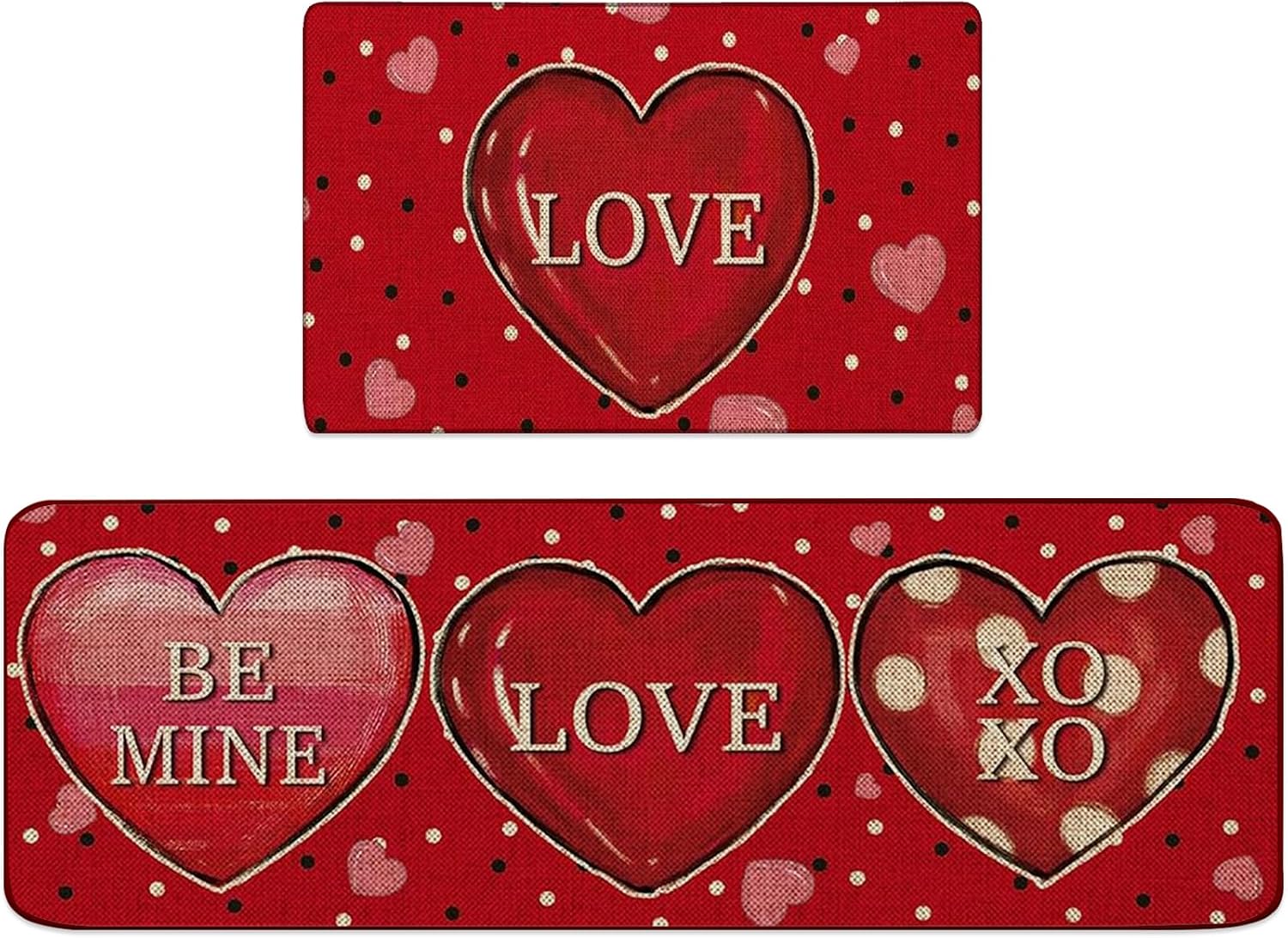2Pcs Valentines Day Kitchen Mats for Floor Red Love Heart Non-Slip Washable Rugs Set for Holiday Decor Home Entrance Porch Valentines Door mat 16x24 and 16x47 Inch