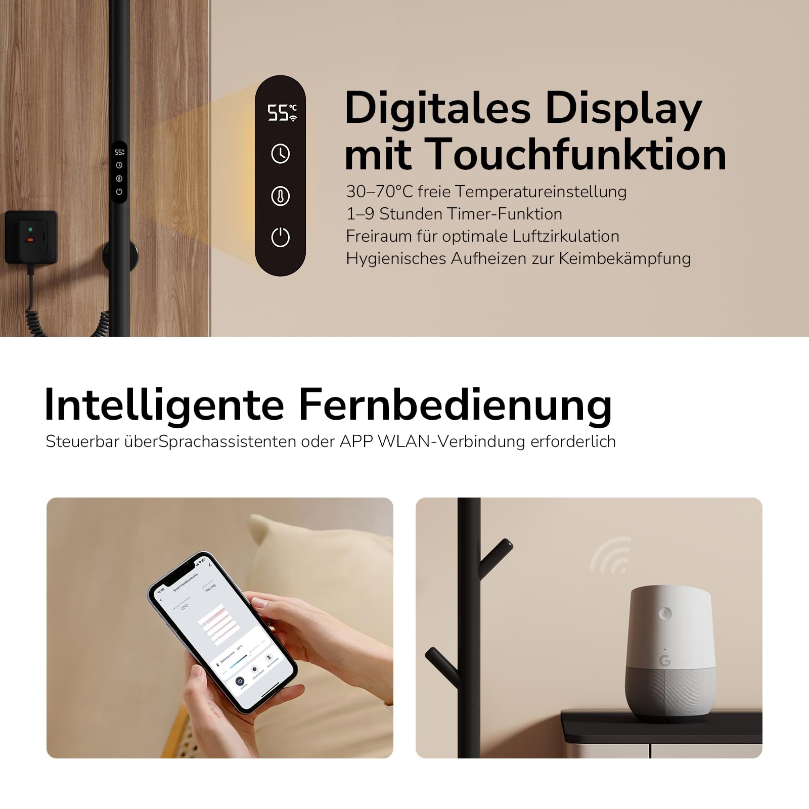 EMKE Handtuchtrockner Elektrisch, Design Elektrischer Handtuchheizkörper mit einer Stange, Intelligenter Einstellbare Temperatur Badheizkörper Handtuchhalter, Handtuchwärmer mit 6 Haken Schwarz