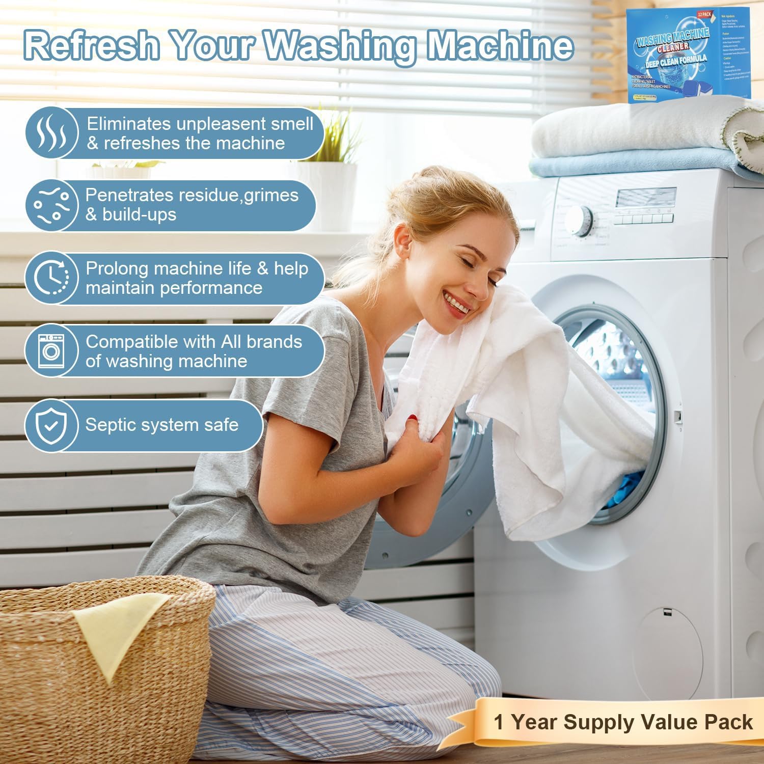 24-Pack Washing Machine Cleaner, Deodorizer, & Descaler - Powerful Washer Cleaner, High-Efficiency Tablets, Deep Cleaning Tablets for HE Front Loader & Top Load Washer, Septic Safe Eco-Friendly