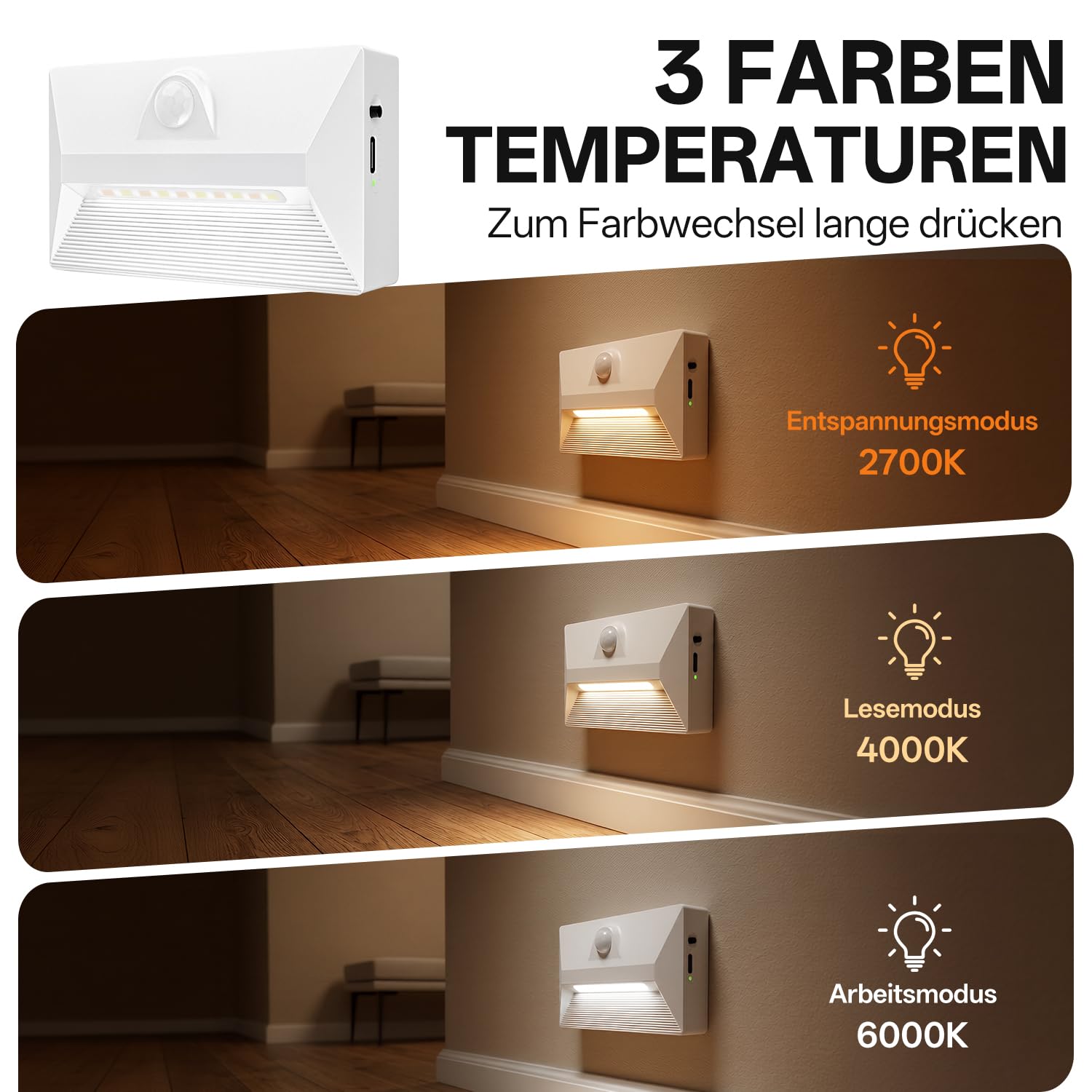 Gresonic 4er LED Treppenleuchte mit Bewegungsmelder, Wiederaufladbar 3 Farbtemperaturen Dimmbar, USB Aufladbar 1800mAh Akku, Kabellos für Treppe Flur Schlafzimmer, Weiß