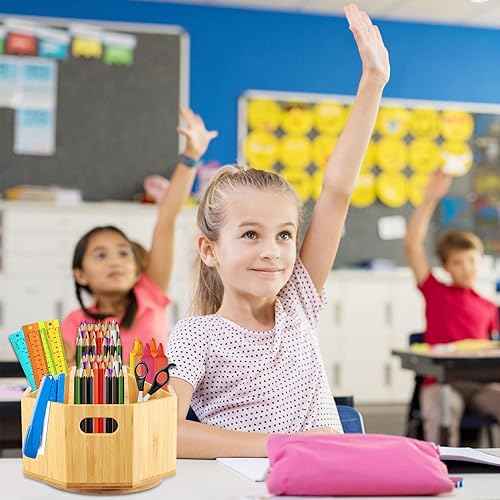 Miniatura 3 de CoMokin Bamboo Art Supply Organizador de escritorio soporte giratorio de 360 grados con 9 compartimentos capacidad para más de 350 lápices