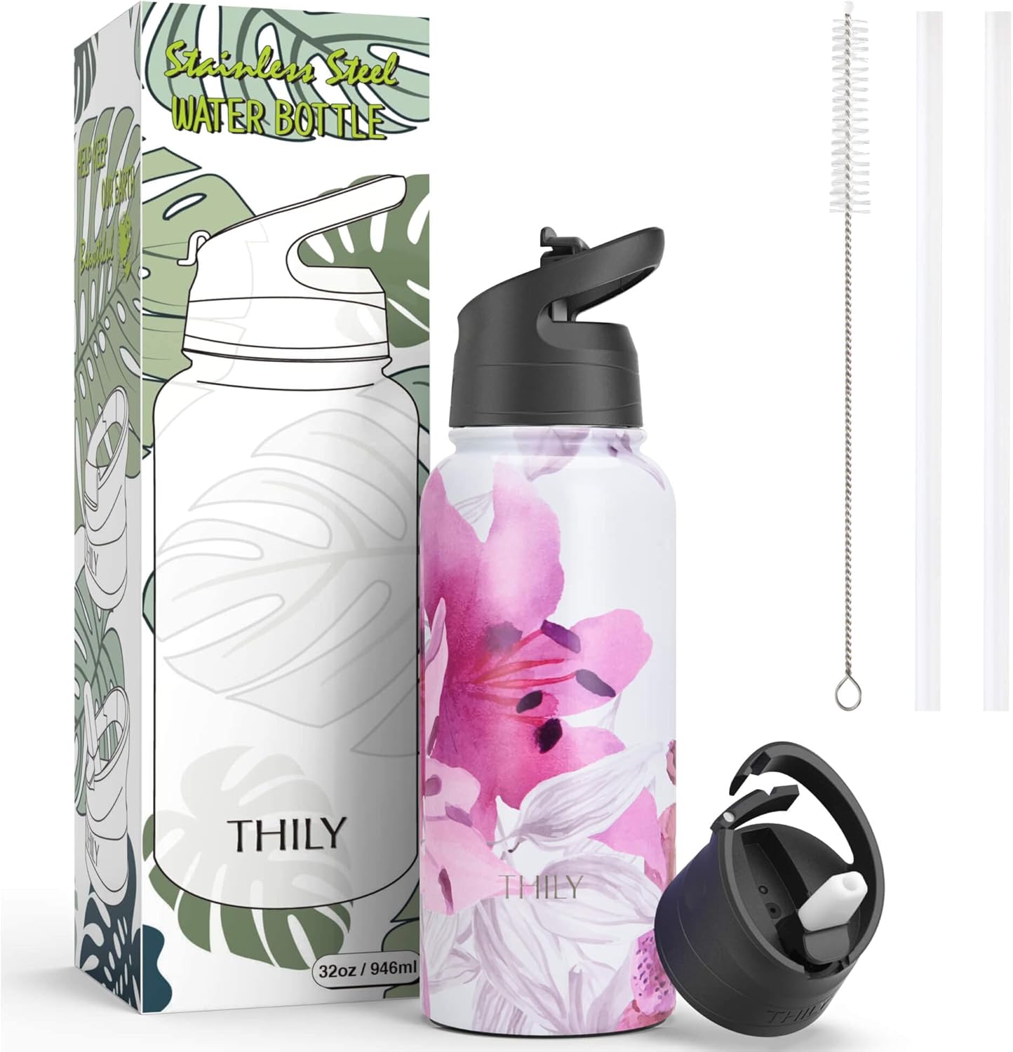 THILY Stainless Steel Water Bottle - 32 oz Vacuum Insulated Sports Flask with 2 Lids and Straws, Leakproof and BPA-Free. Keep Drinks Hot for 12 Hours or Cold for 36 Hours. Elegant Lotus Design.
