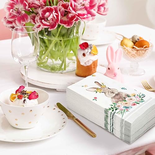 Miniatura 5 de AnyDesign - 80 hojas de servilletas desechables de Pascua para invitados, acuarela, conejo, conejo, floral, servilletas de papel decorativas de
