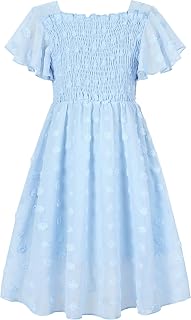 Kids4ever Girls Chiffon Dress Square Neck Ruffle Sleeve | 18 colors, size 6-13, pom pom decor, perfect for summer party, wedding, communion, birthday, daily wear