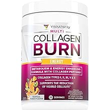 Multi Collagen Burn: MultiType Hydrolyzed Protein Peptides with Hyaluronic Acid, Vitamin C, SOD B Dimpless, Types I, II, III, V and X, with Caffeine 30 Servings Tropical Punch Flavored