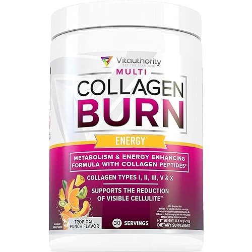 Multi Collagen Burn: MultiType Hydrolyzed Protein Peptides with Hyaluronic Acid, Vitamin C, SOD B Dimpless, Types I, II, III, V and X, with Caffeine 30 Servings Tropical Punch Flavored