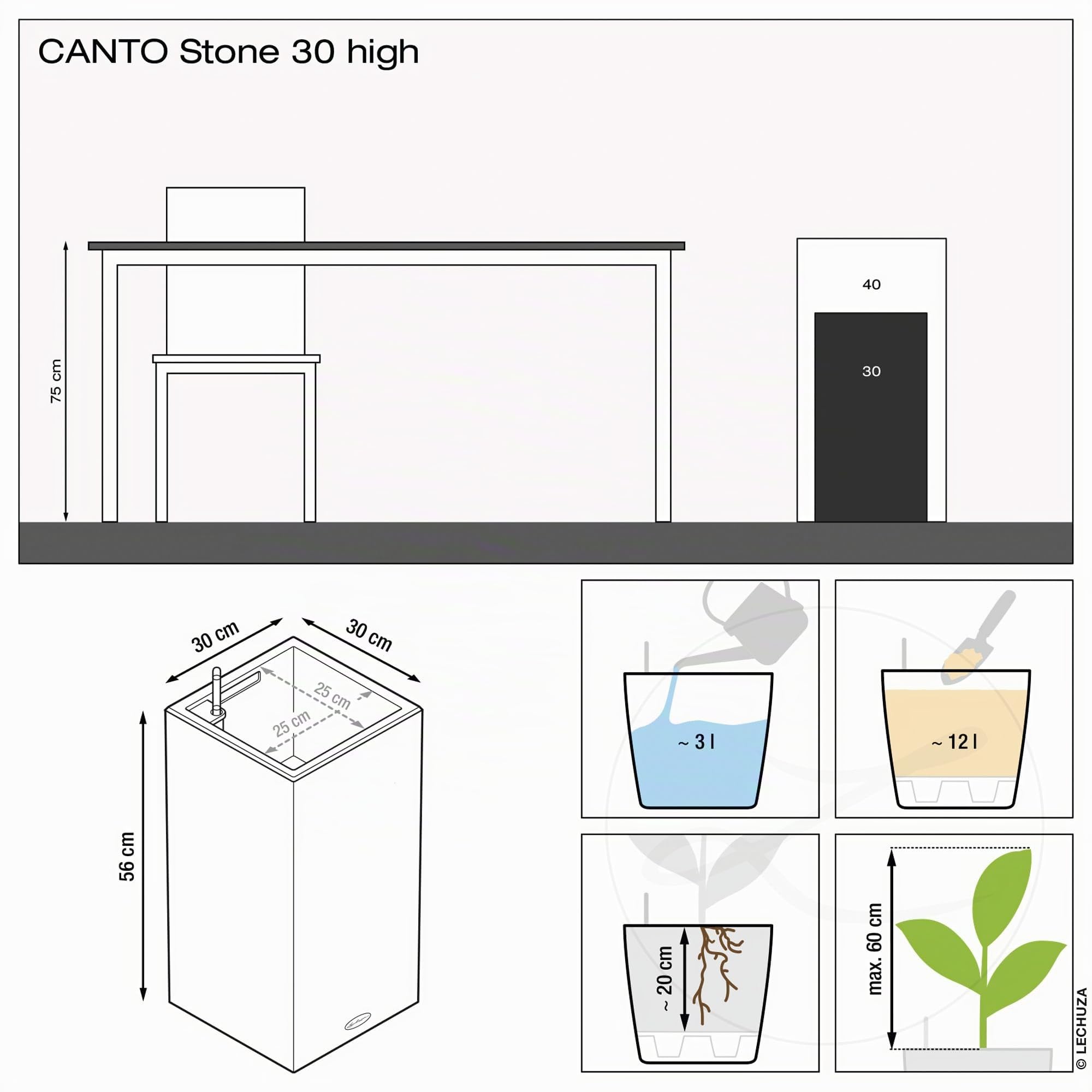 LECHUZA CANTO Stone 30, quarzo alto, bianco 13607